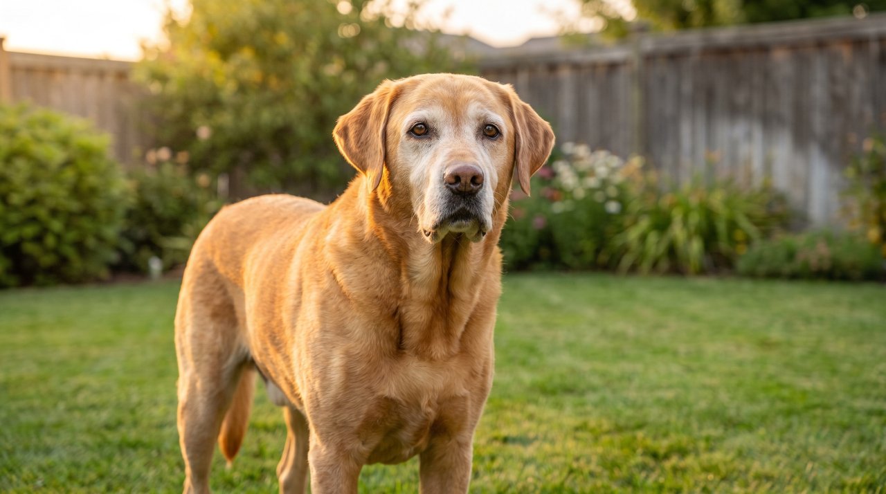 Healthy senior Labrador standing alert in a sunny backyard garden