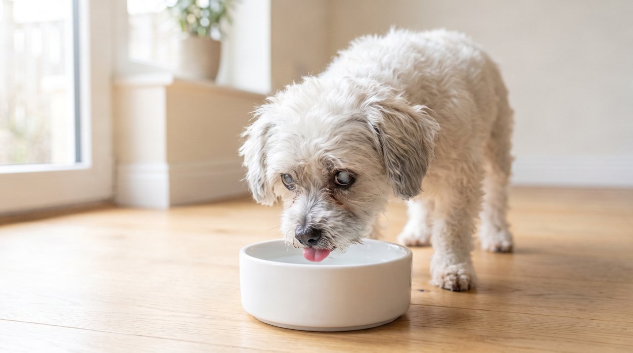 Senior small breed dog drinking fresh water from a ceramic bowl at home
