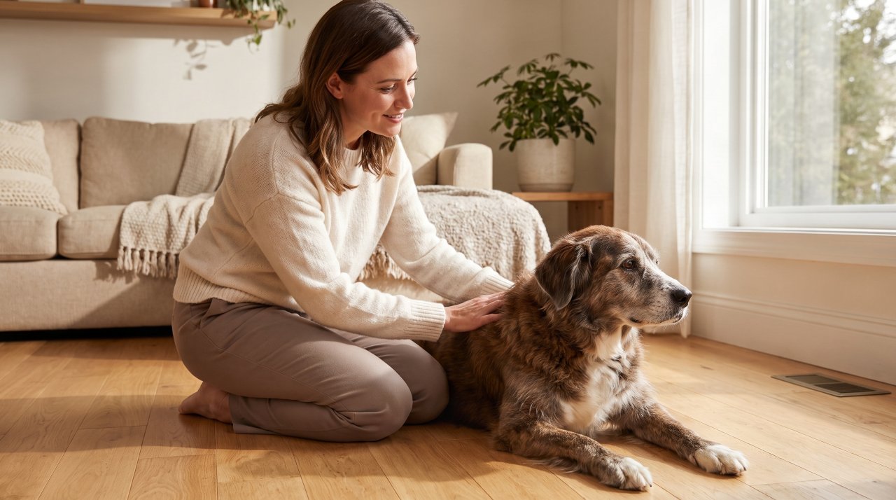 Dog owner gently examining senior dog during home health check