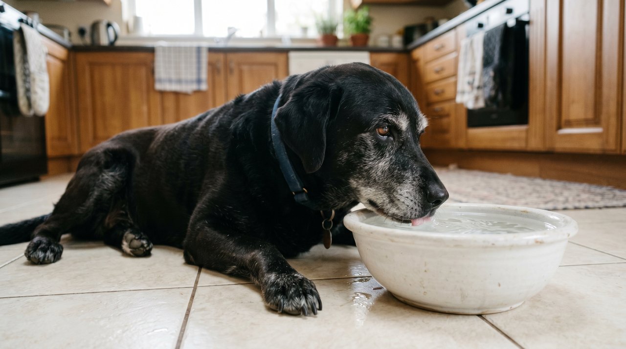 Senior Labrador drinking fresh water from a ceramic bowl placed on a kitchen floor