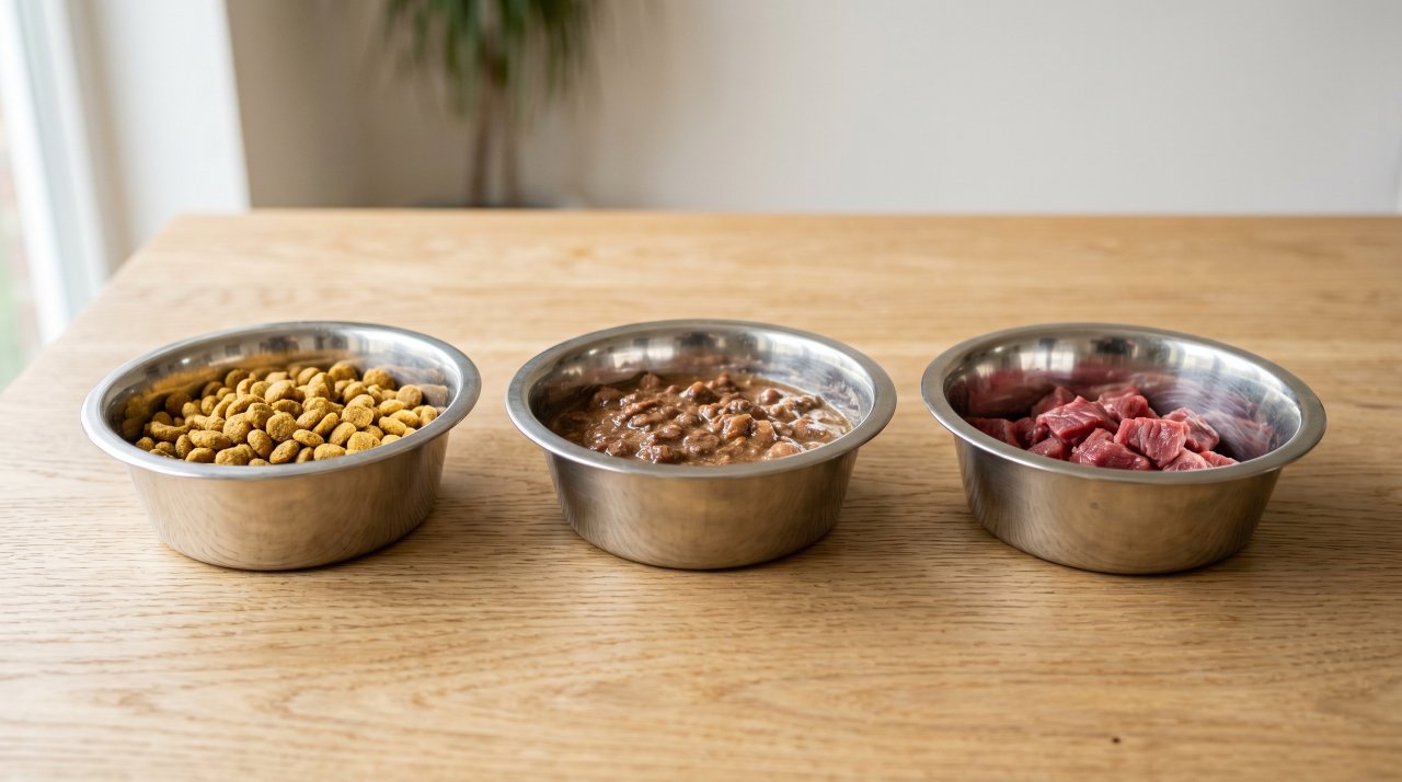 Three dog food bowls showing dry kibble, wet food, and raw meat side by side on a wooden surface
