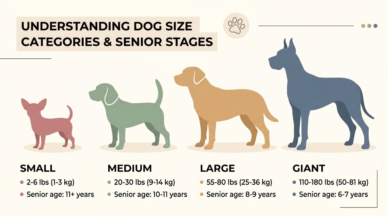 Senior dog age chart showing when small, medium, large, and giant breeds reach senior status