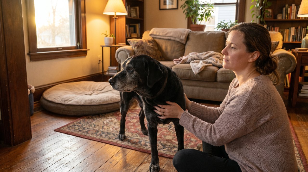 Owner checking senior dog ribs during body condition score assessment at home
