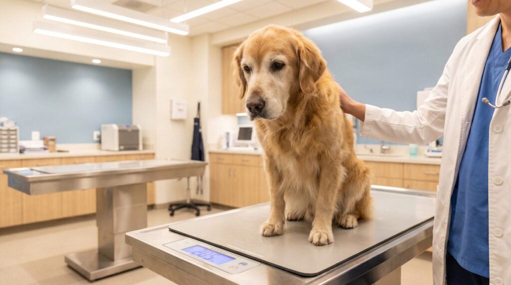 Senior golden retriever sitting on vet scale during weight check appointment