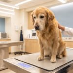 Senior golden retriever sitting on vet scale during weight check appointment