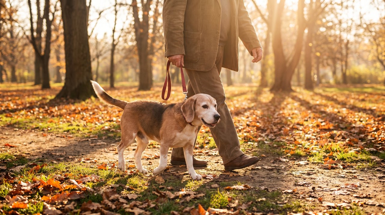 Senior dog walking slowly on leash with owner in park on sunny day