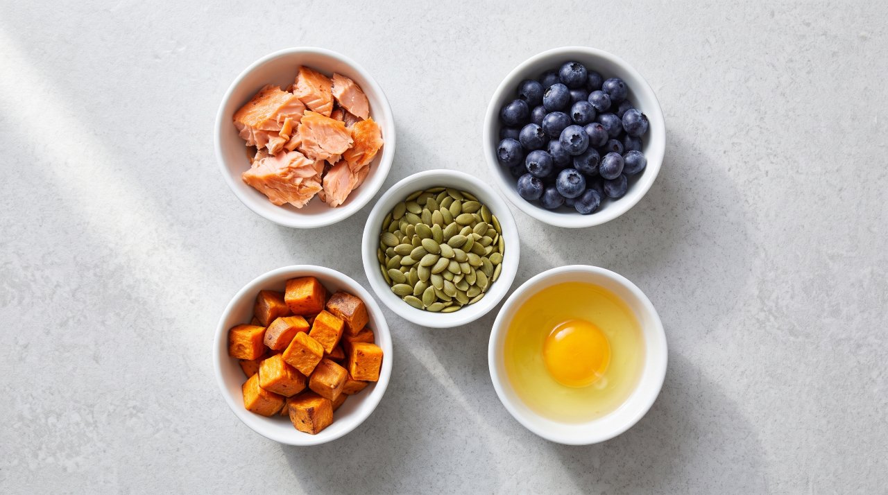 Five bowls showing key nutrients for elderly dogs including protein fat and vegetables