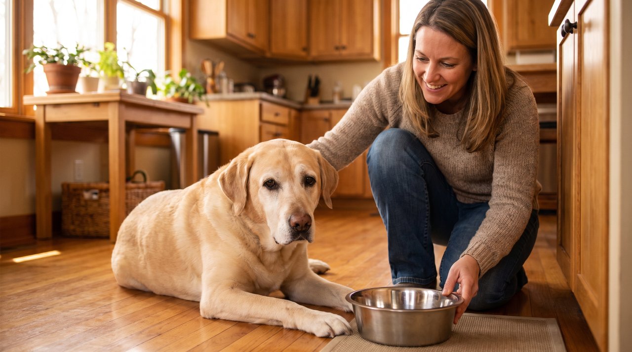Senior dog owner placing food bowl in front of arthritic older dog at mealtime