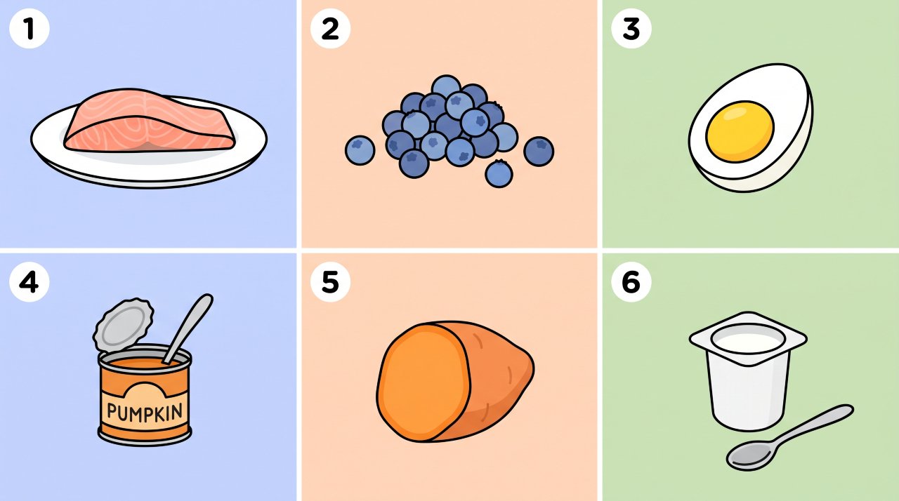Illustrated chart showing safe human foods to add to an elderly dog's bowl