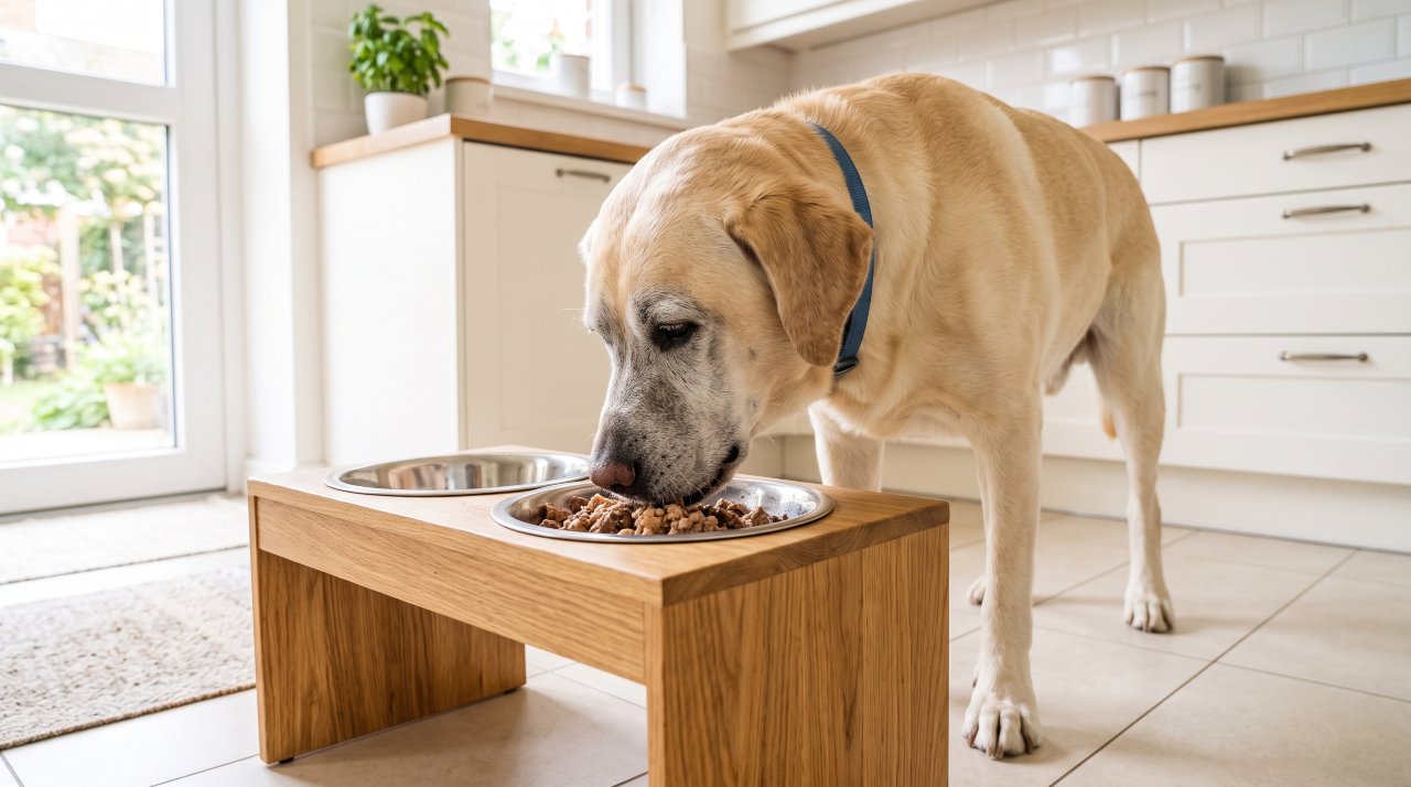 Senior dog eating from raised elevated bowl to ease arthritis joint pain