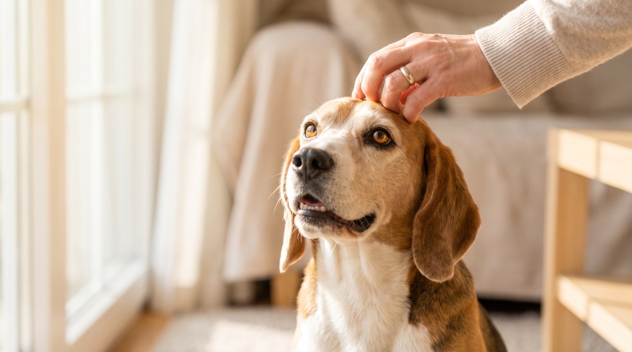 Alert senior Beagle looking up happily, representing cognitive support.