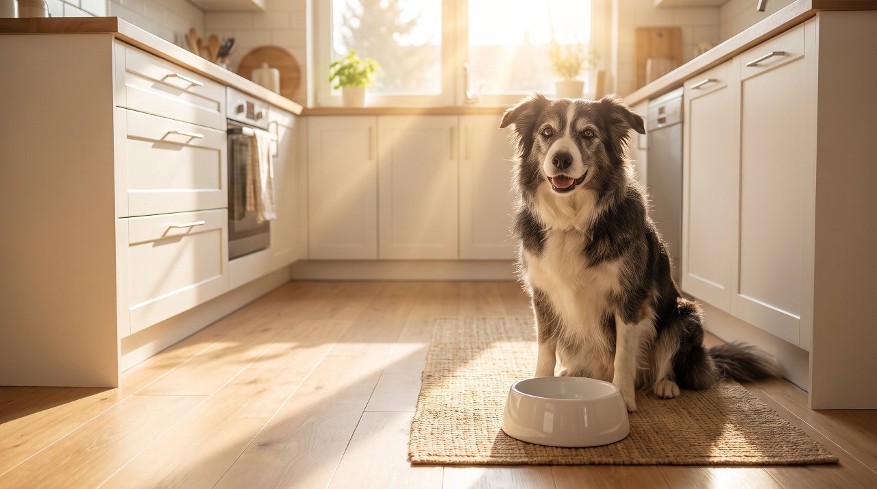 Healthy senior dog waiting for a meal, representing gut health support.