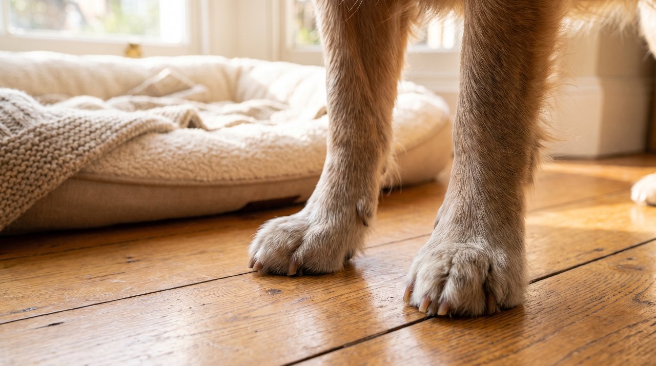 Senior dog standing firmly on a floor, showing joint comfort.