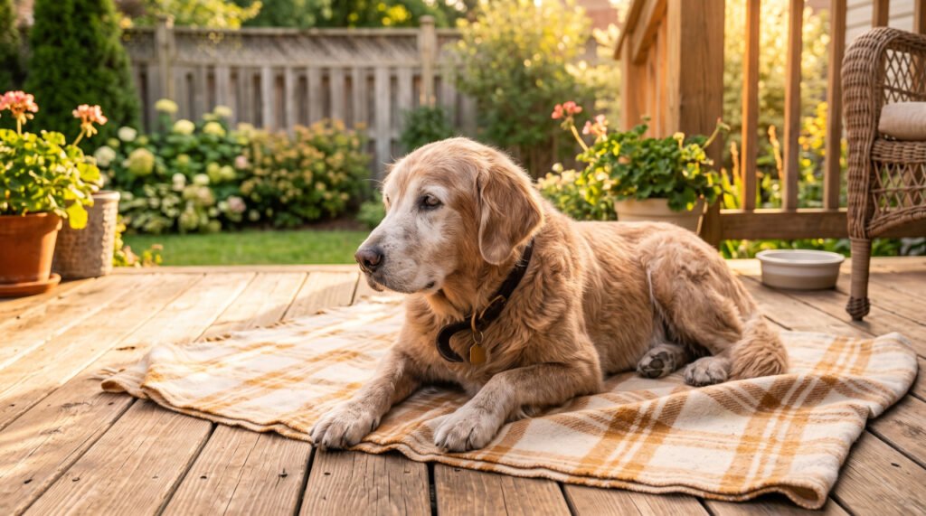 Elderly golden retriever resting on a porch showing common aging dog symptoms in sunlight