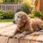 Elderly golden retriever resting on a porch showing common aging dog symptoms in sunlight