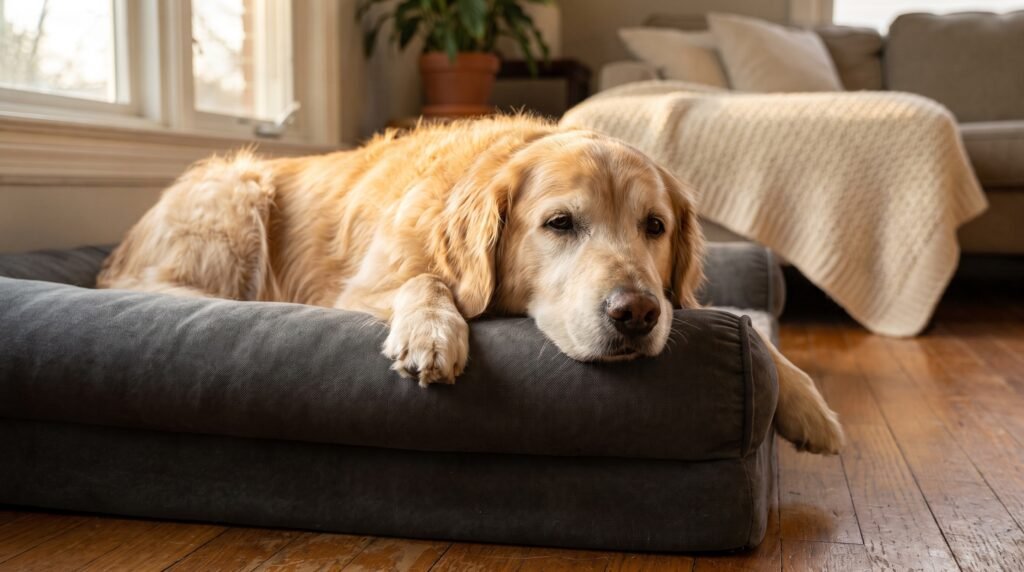 Senior golden retriever resting comfortably on orthopedic dog bed, arthritis pain relief