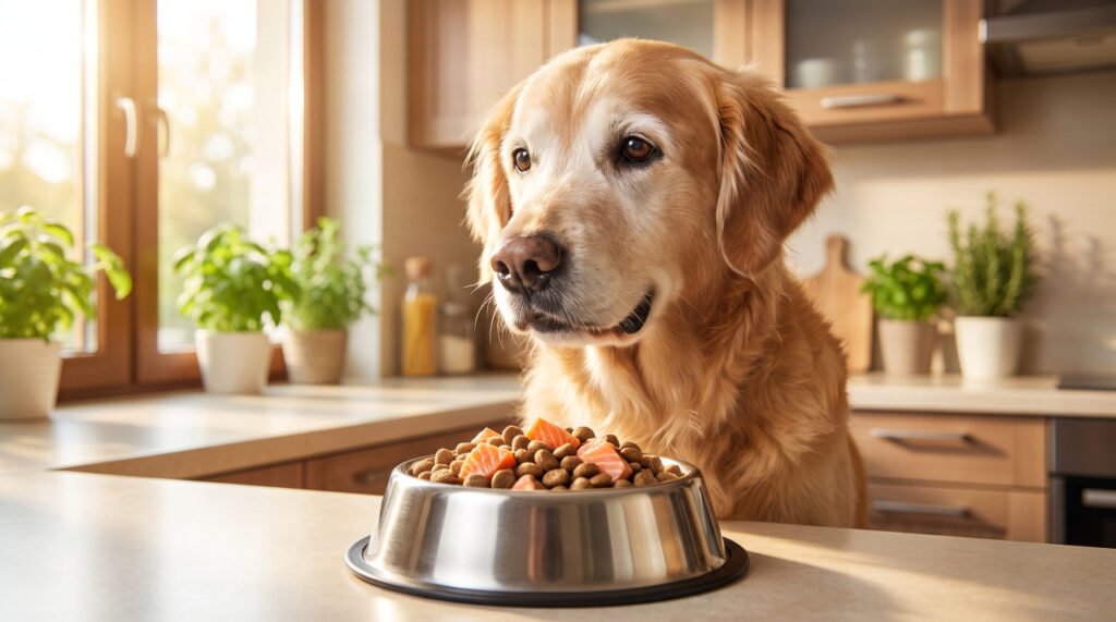 Happy senior golden retriever eating from bowl — best food for senior dogs guide