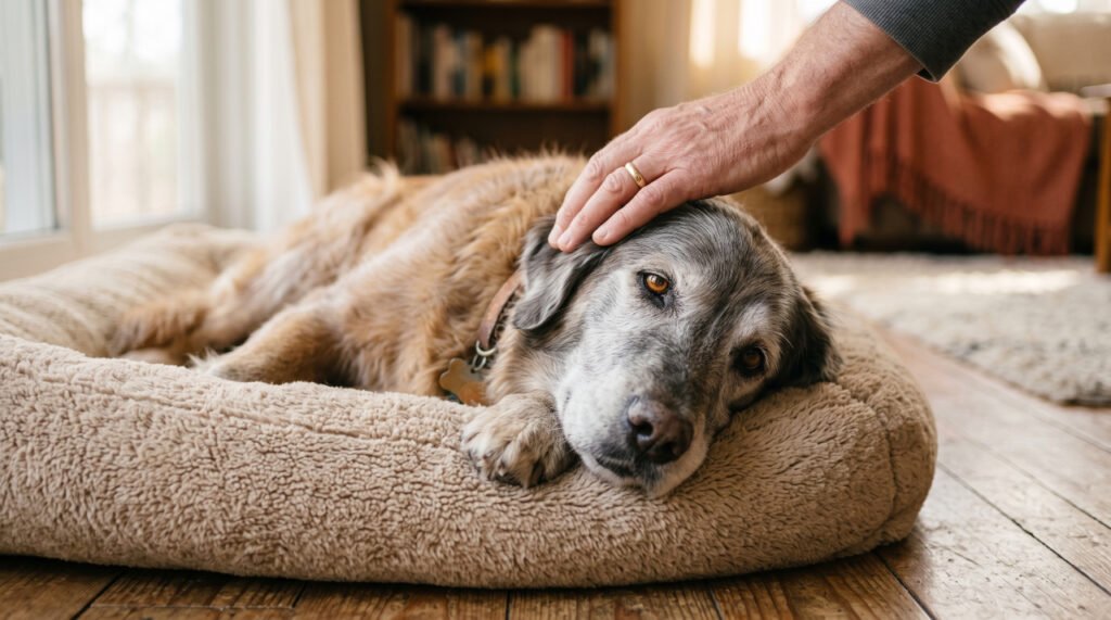 Gray-muzzled golden retriever resting on orthopedic bed while caring senior dog owner pets them gently