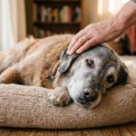 Gray-muzzled golden retriever resting on orthopedic bed while caring senior dog owner pets them gently