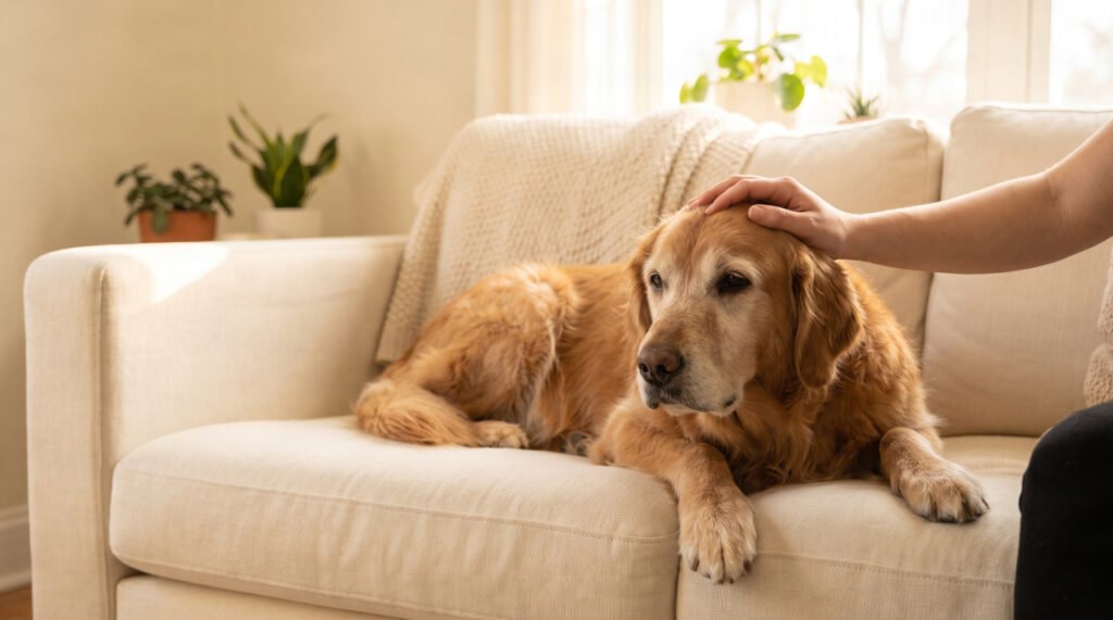 Senior dog resting beside owner as they review Pets Best insurance renewal paperwork