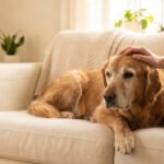 Senior dog resting beside owner as they review Pets Best insurance renewal paperwork