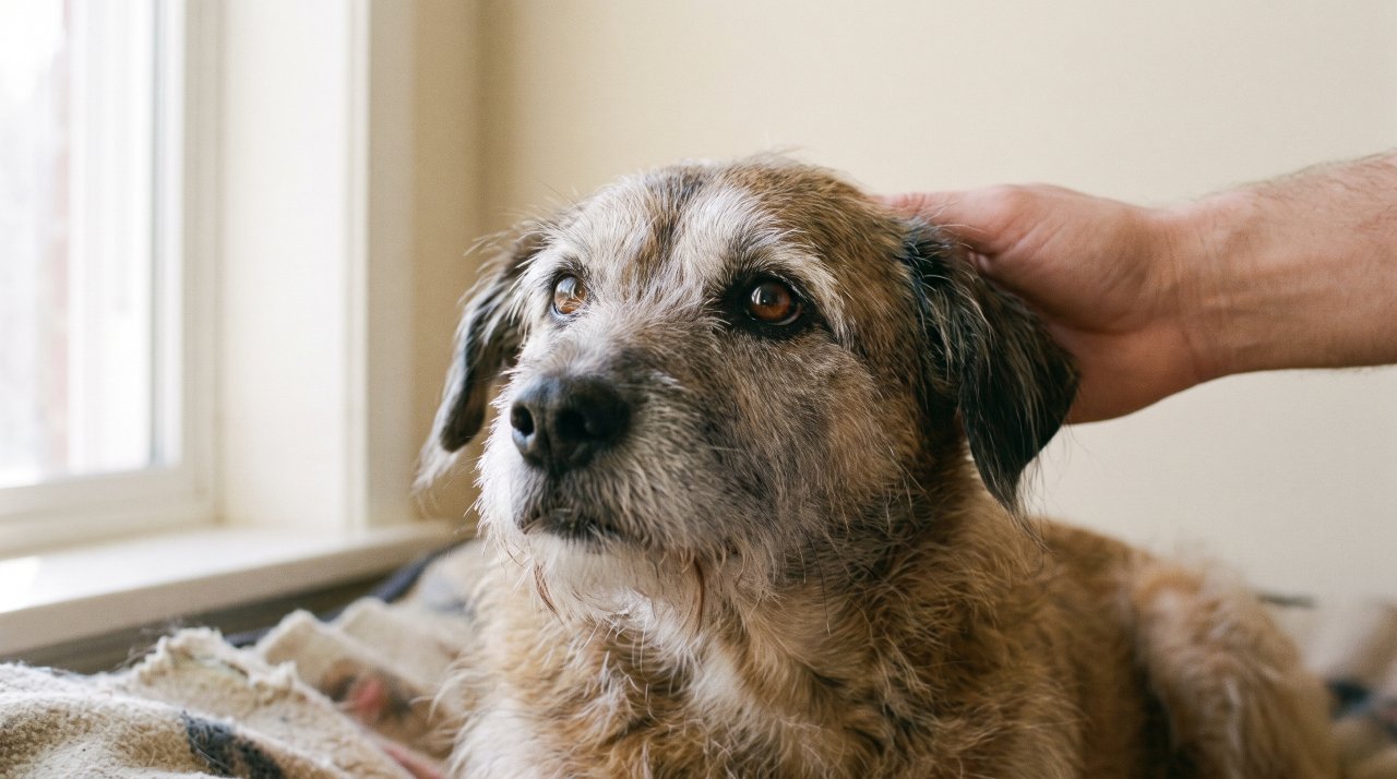 Senior dog with grey muzzle looking up trustingly — representing pet insurance decisions for aging dogs