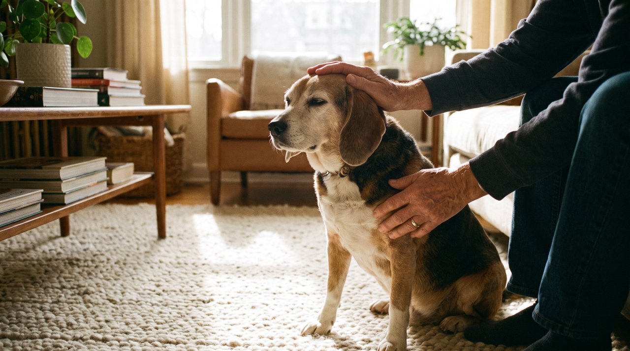 Owner sitting with senior dog at home reviewing pet insurance options