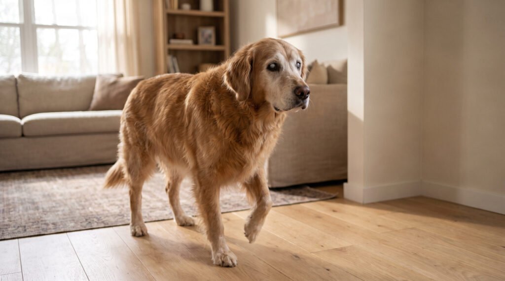 Senior golden retriever showing signs of dog dementia symptoms looking confused