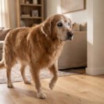 Senior golden retriever showing signs of dog dementia symptoms looking confused