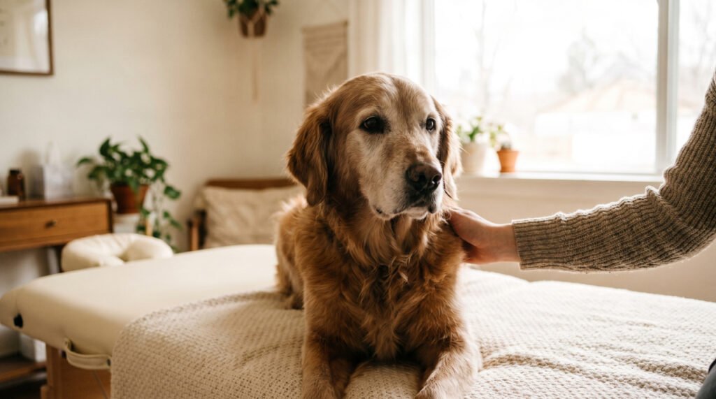Grey-muzzled senior dog sitting calmly as owner provides reassuring touch — geriatric veterinary care guide