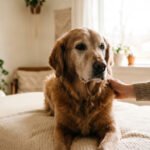 Grey-muzzled senior dog sitting calmly as owner provides reassuring touch — geriatric veterinary care guide