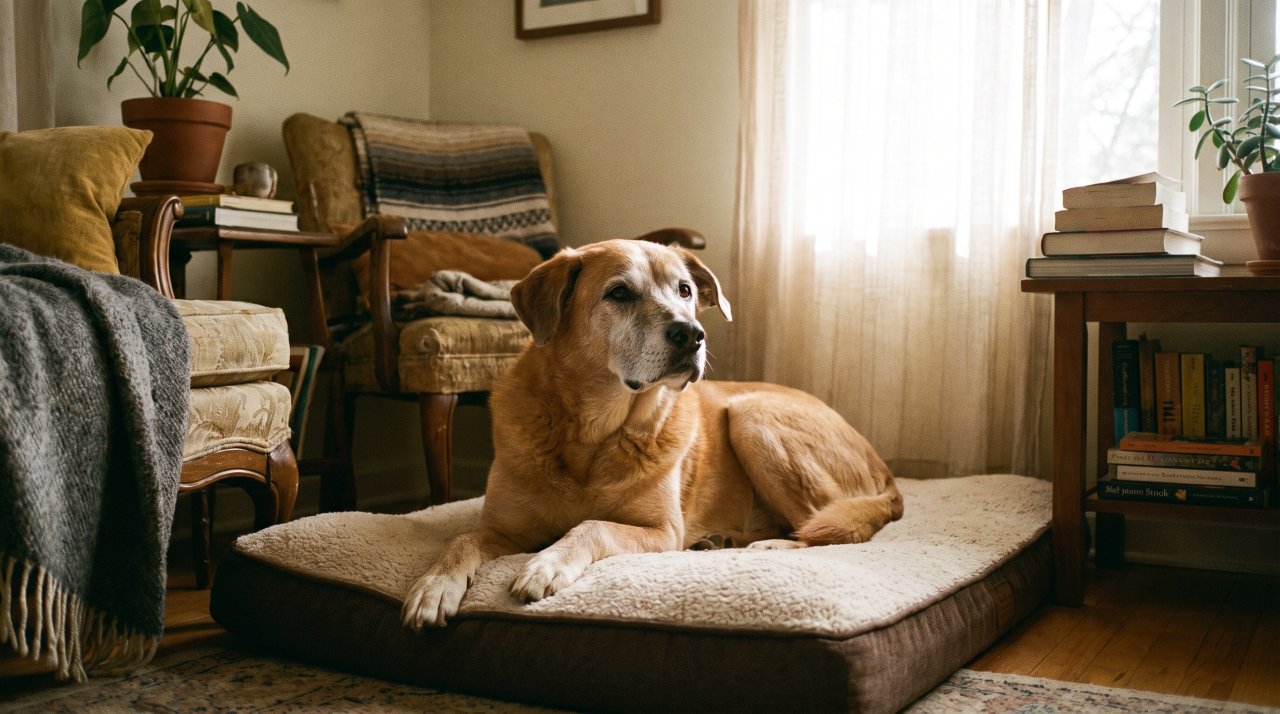 Alert senior dog resting comfortably at home, representing proactive geriatric veterinary