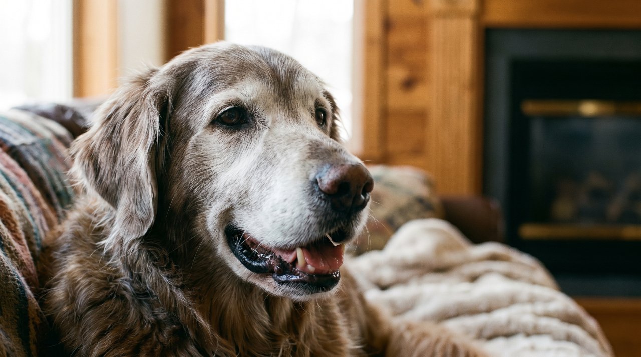 Senior dog with grey muzzle looking calm — representing comprehensive senior dog bloodwork and wellness panels