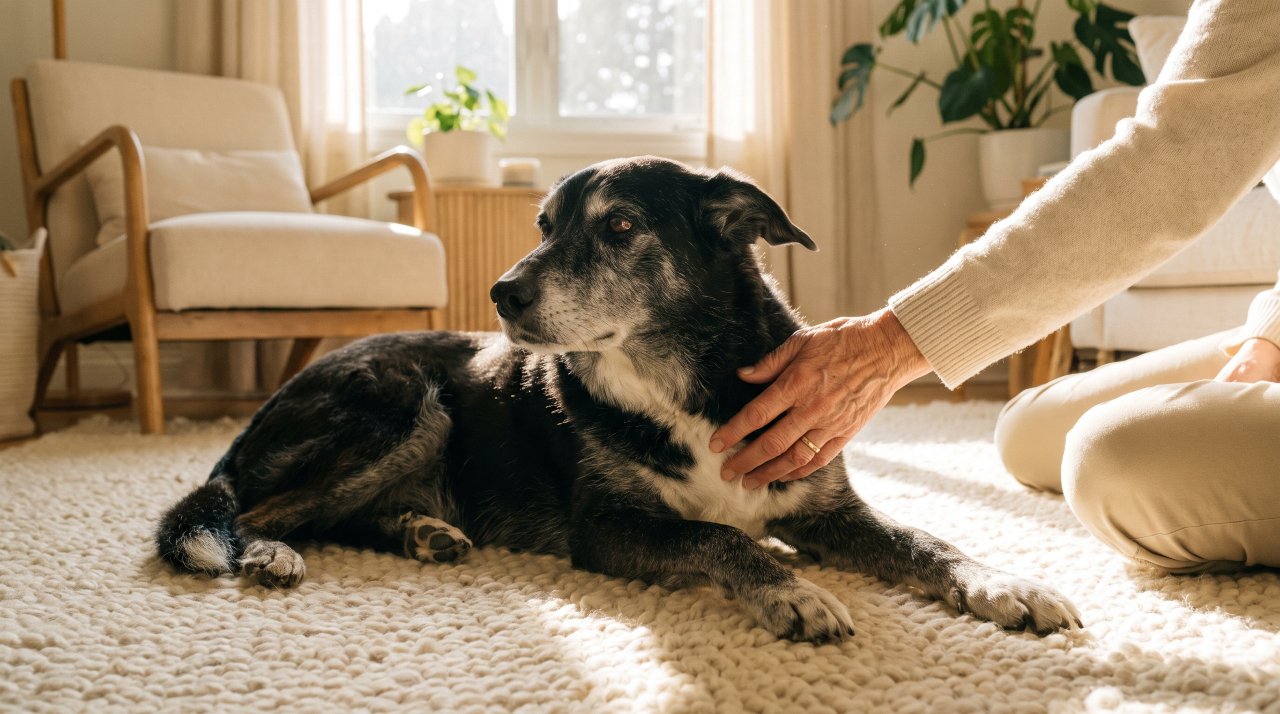 Owner gently checking on senior dog at home as part of geriatric veterinary care monitoring routine