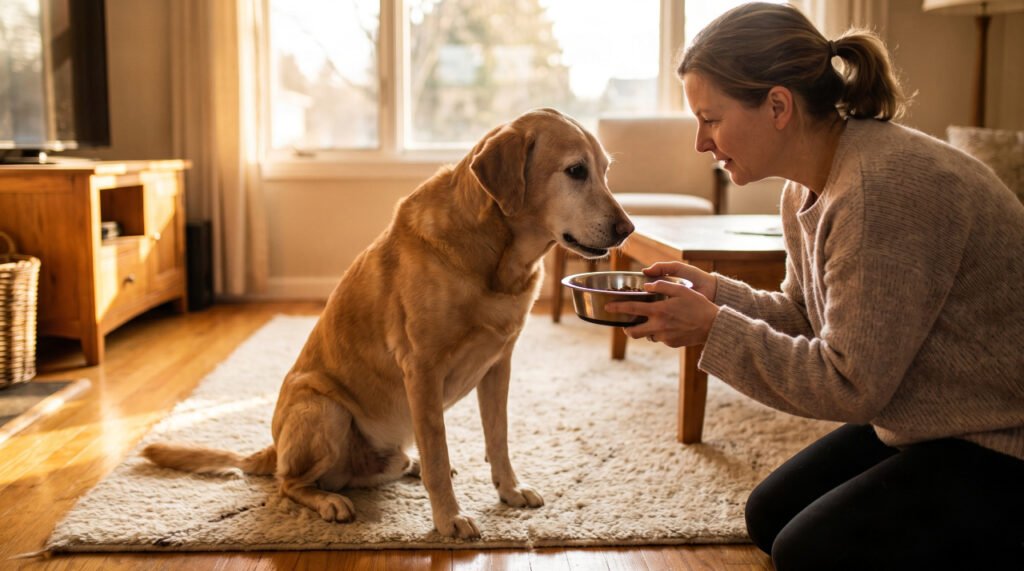 Senior dog being gently hand-fed by owner to help gain weight safely