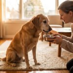 Senior dog being gently hand-fed by owner to help gain weight safely