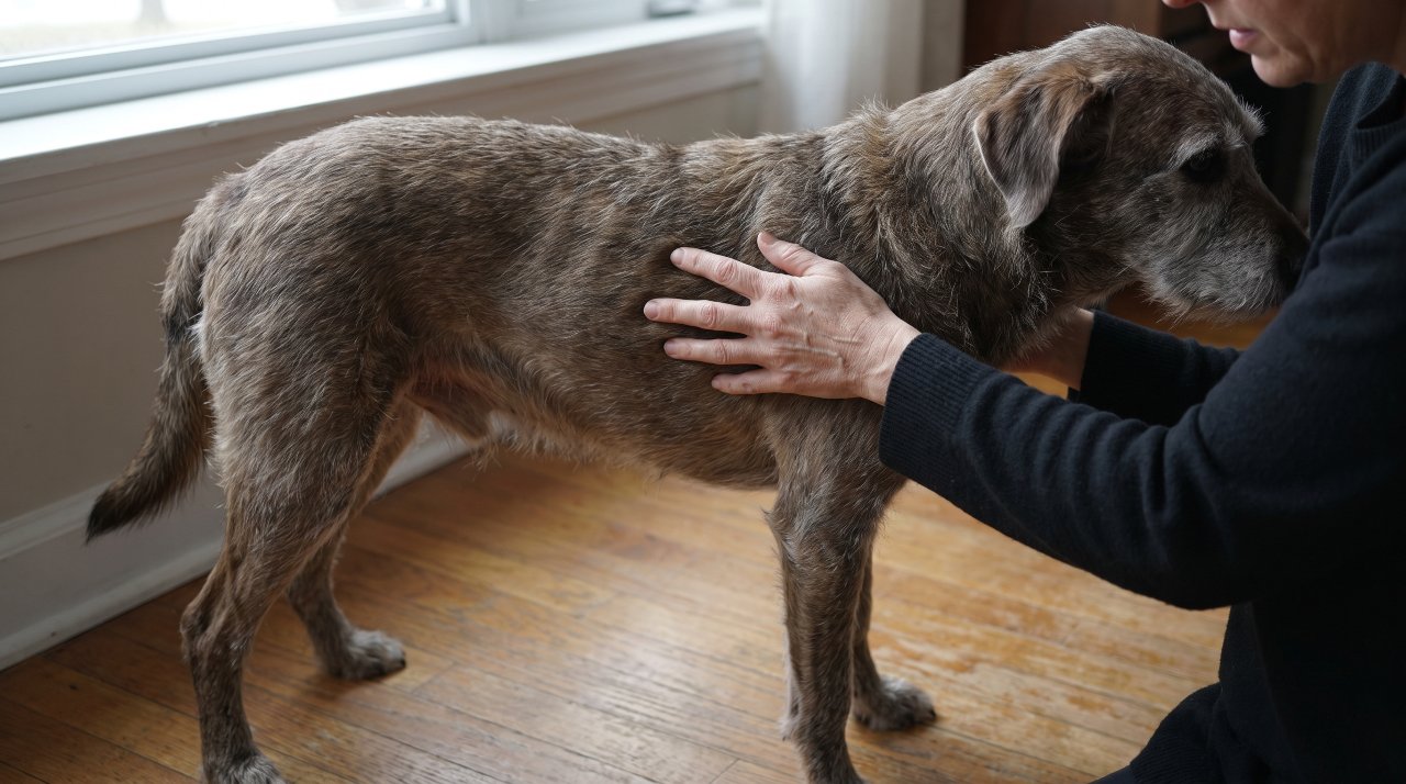 Owner checking senior dog rib cage for body condition score at home