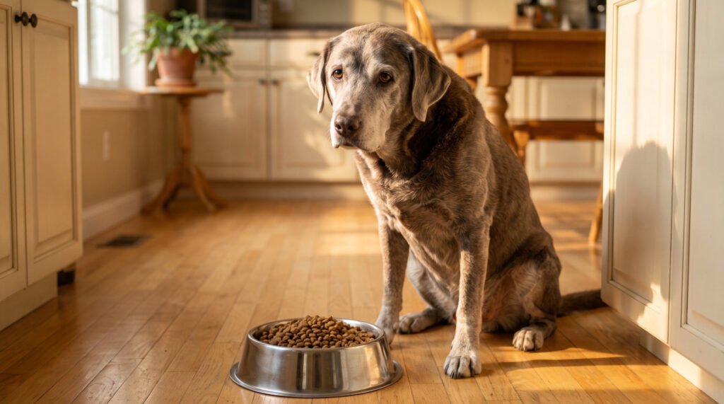 Senior dog sitting calmly beside a full food bowl on a kitchen floor