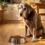 Senior dog sitting calmly beside a full food bowl on a kitchen floor