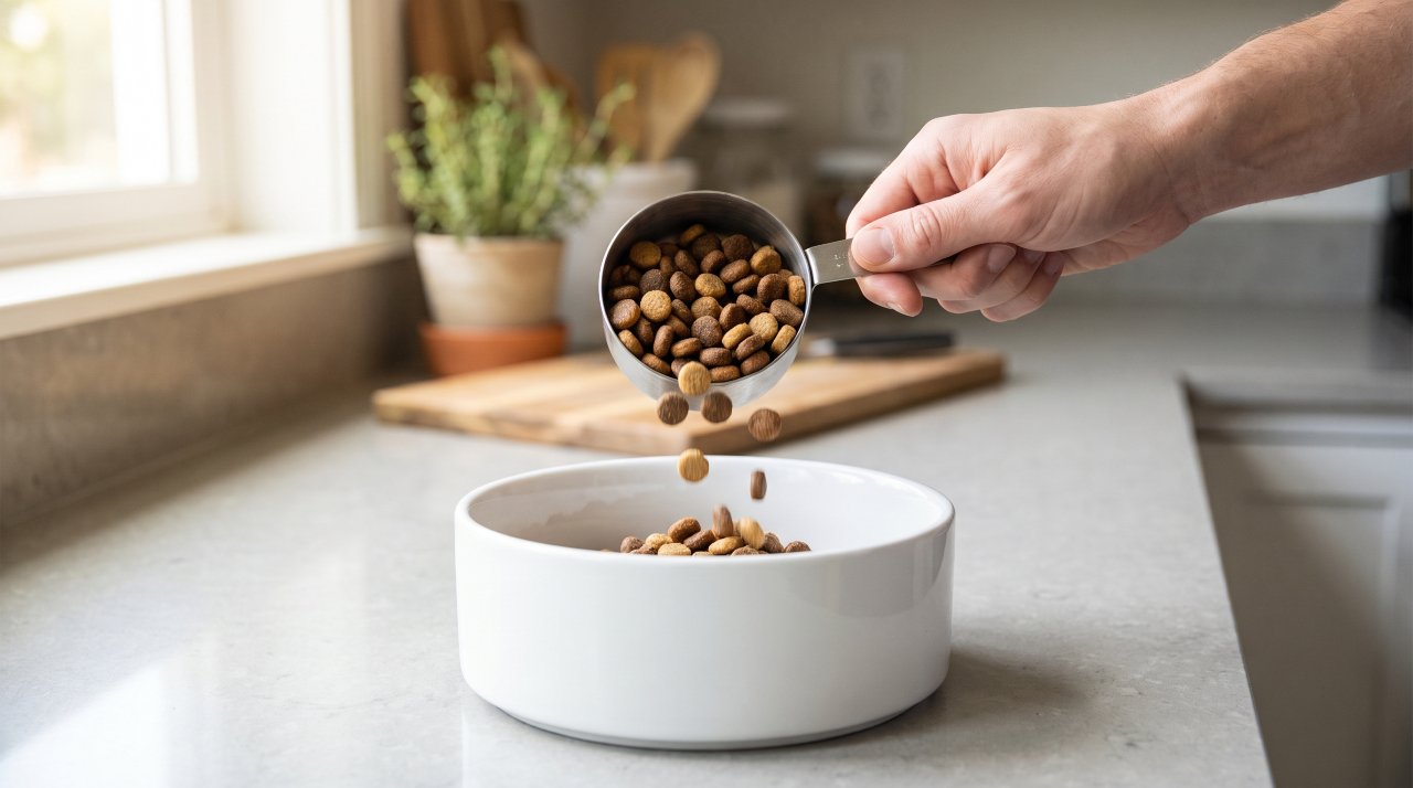 Owner using a measuring cup to portion out senior dog food into a bowl