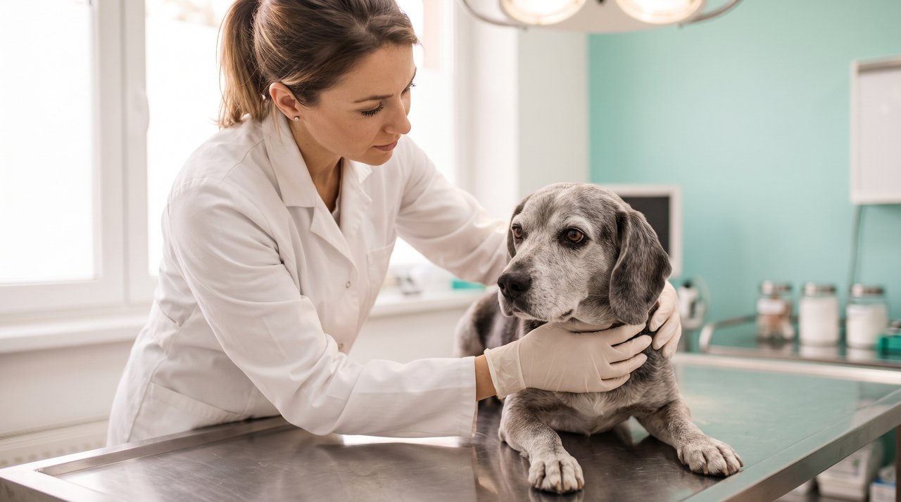 Veterinarian gently feeling a senior dog's ribs during a health check