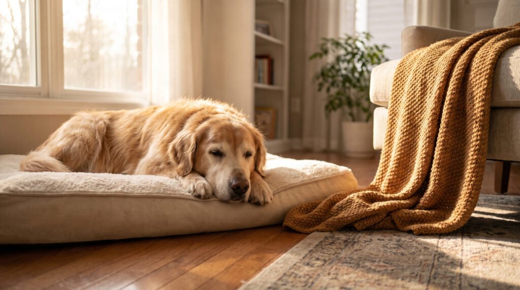 Senior golden retriever resting comfortably after taking joint supplements for old dogs