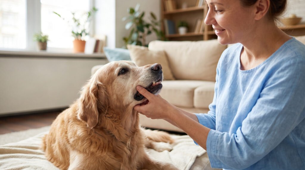 Gentle hands examining an old golden retriever's teeth at home during dental care