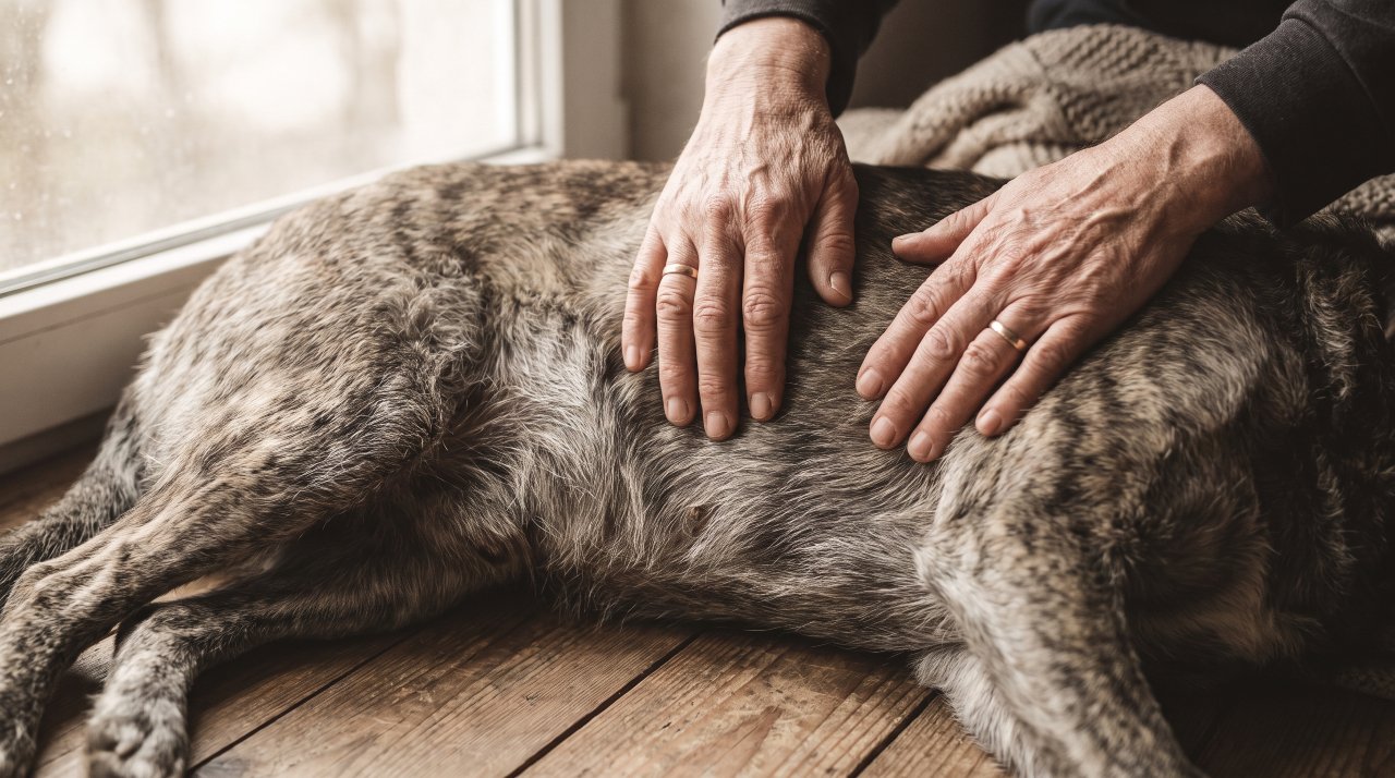 Close-up of owner's hands checking senior dog's ribs for weight loss