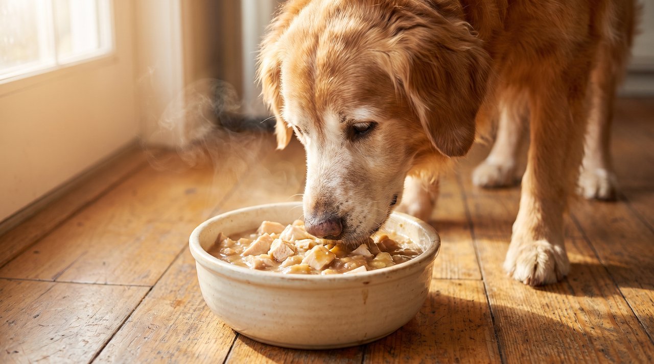 Elderly dog eating a nutritious meal from bowl on kitchen floor
