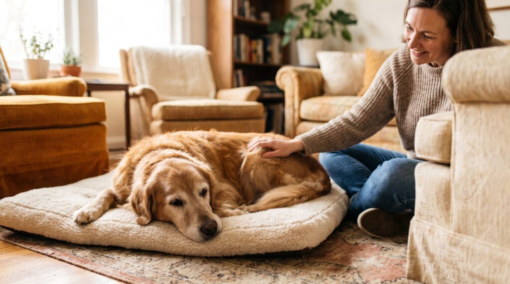 Elderly golden retriever resting comfortably at home with caring owner beside him