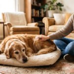 Elderly golden retriever resting comfortably at home with caring owner beside him