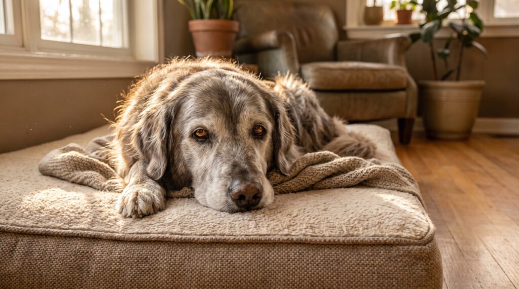 A senior golden retriever lying on an orthopedic dog bed showing signs of senior dog arthritis