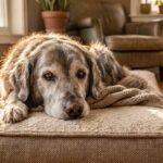A senior golden retriever lying on an orthopedic dog bed showing signs of senior dog arthritis