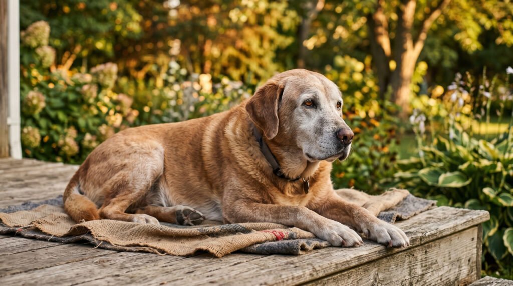 A gentle grey-muzzled senior dog resting peacefully in warm afternoon light outdoors